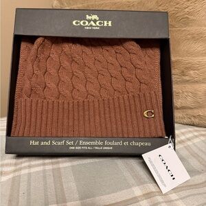 NWT Coach Boxed Cable Knit Beanie Hat and Scarf Set - Saddle Brown